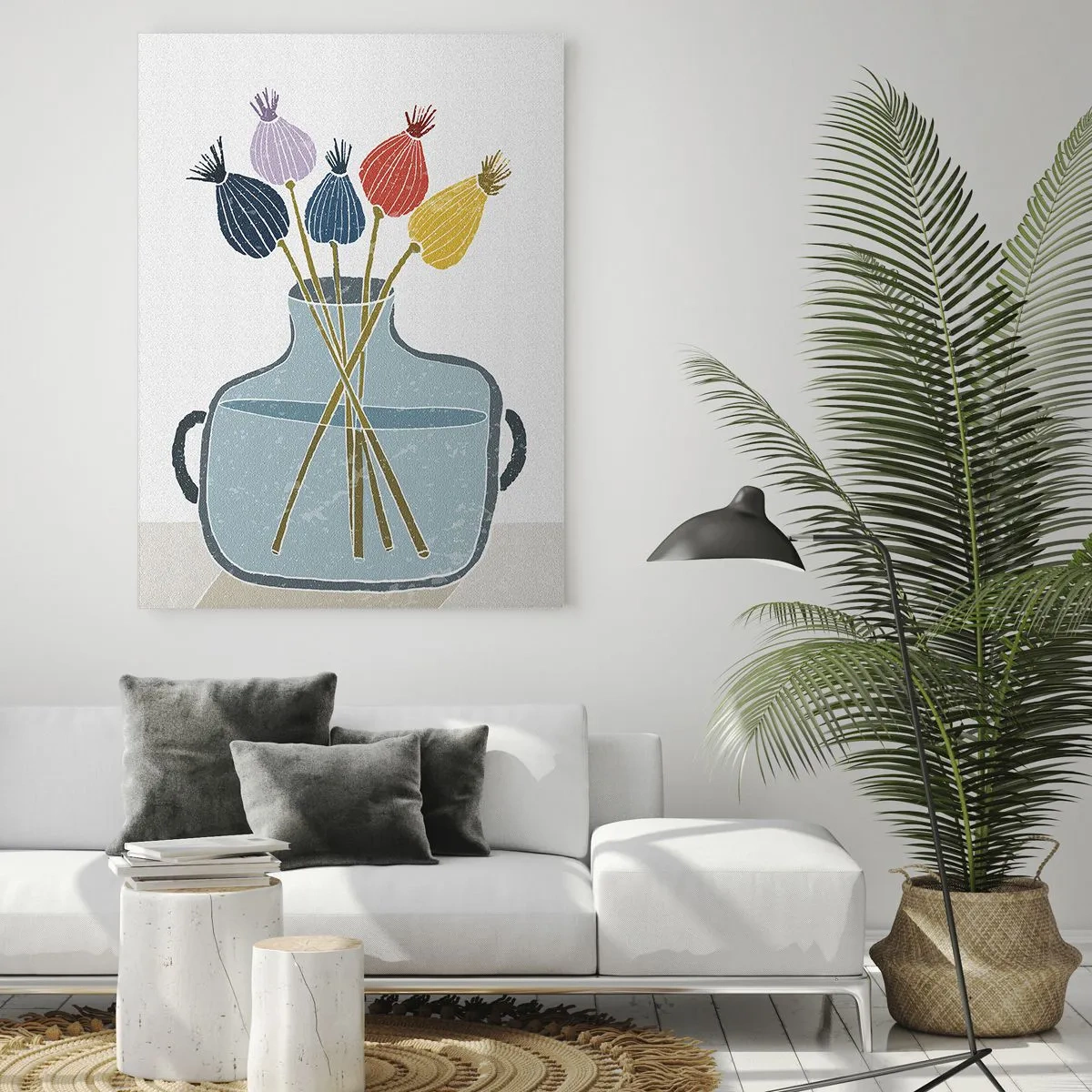 Quadro su vetro - Fiori secchi colorati in un vaso su uno sfondo bianco - 80x120cm - Il silenzio dei papaveri - Decorazione murale moderna per soggiorno e camera da letto ARTTOR