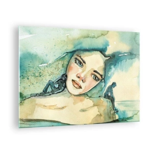 Quadro su vetro - Ritratto di donna in stile acquerello con sagome di figure - 70x50cm - Am I blue? - Decorazione murale moderna per soggiorno e camera da letto ARTTOR