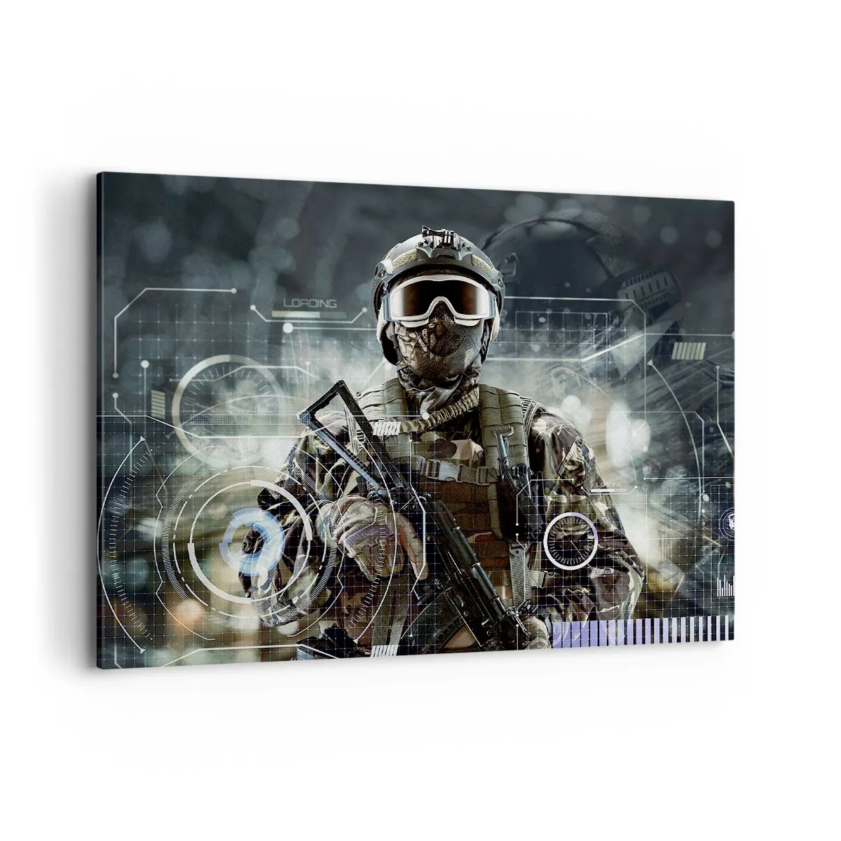 Quadro su tela - Stampe su Tela - Un soldato con un casco futuristico e una pistola sullo sfondo della tecnologia. - 100x70cm - Potenza al quadrato - Decorazione murale moderna per soggiorno e camera da letto ARTTOR
