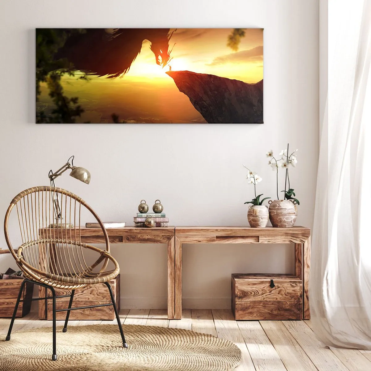 Quadro su tela - Stampe su Tela - Un drago e un uomo su una roccia al chiarore del sole al tramonto - 140x50cm - Il cacciatore di draghi - Decorazione murale moderna per soggiorno e camera da letto ARTTOR