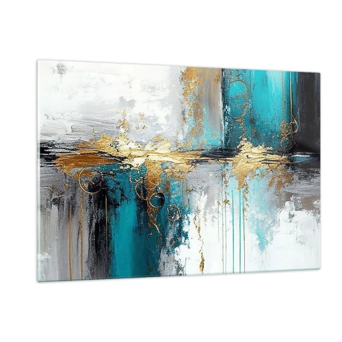 Quadro su vetro - Astrazione con turchese e oro su sfondo bianco - 120x80cm - Panta rei - Decorazione murale moderna per soggiorno e camera da letto ARTTOR