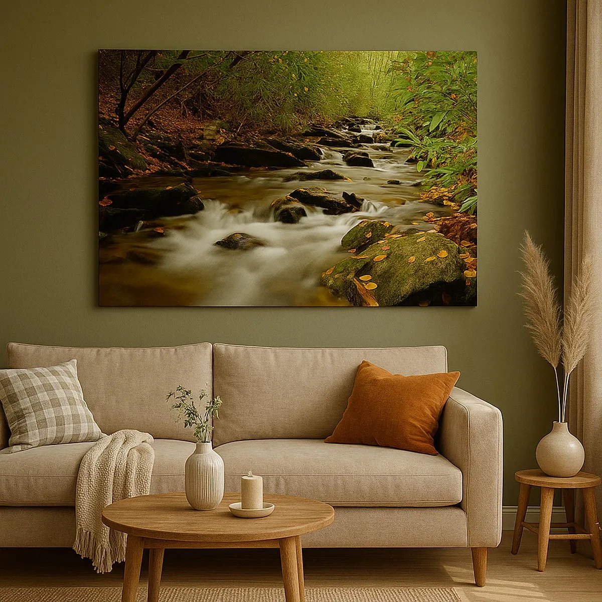 Quadro su tela - Stampe su Tela - Un ruscello nella foresta che scorre tra le pietre circondato dal verde - 70x50cm - Come argento liquido - Decorazione murale moderna per soggiorno e camera da letto ARTTOR