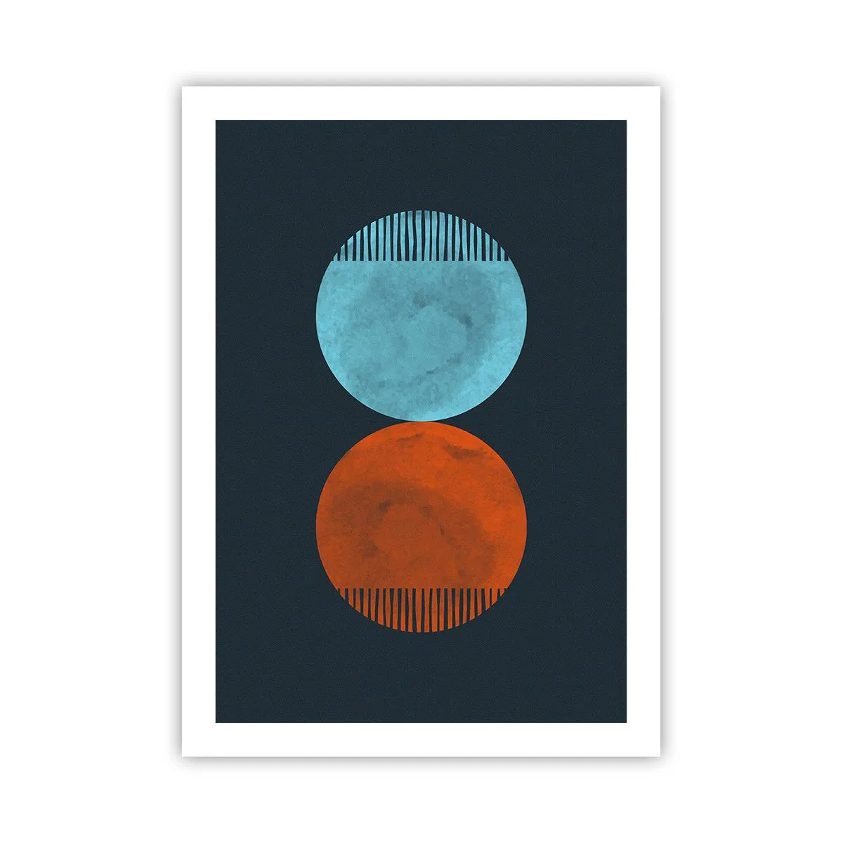 Poster - Due cerchi: blu e arancione su sfondo blu navy - 50x70cm - Solo geometria? - Decorazione murale moderna per soggiorno e camera da letto ARTTOR