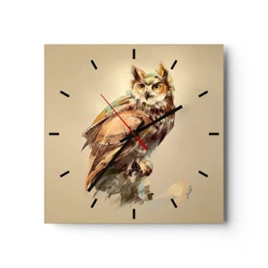 Orologio da parete - Orologio in Vetro - Ritratto artistico di un gufo su uno sfondo chiaro dalle tonalità calde. - 30x30cm - Il gufo più saggio - il querceto lo conferma - Decorazione murale moderna per soggiorno e camera da letto ARTTOR