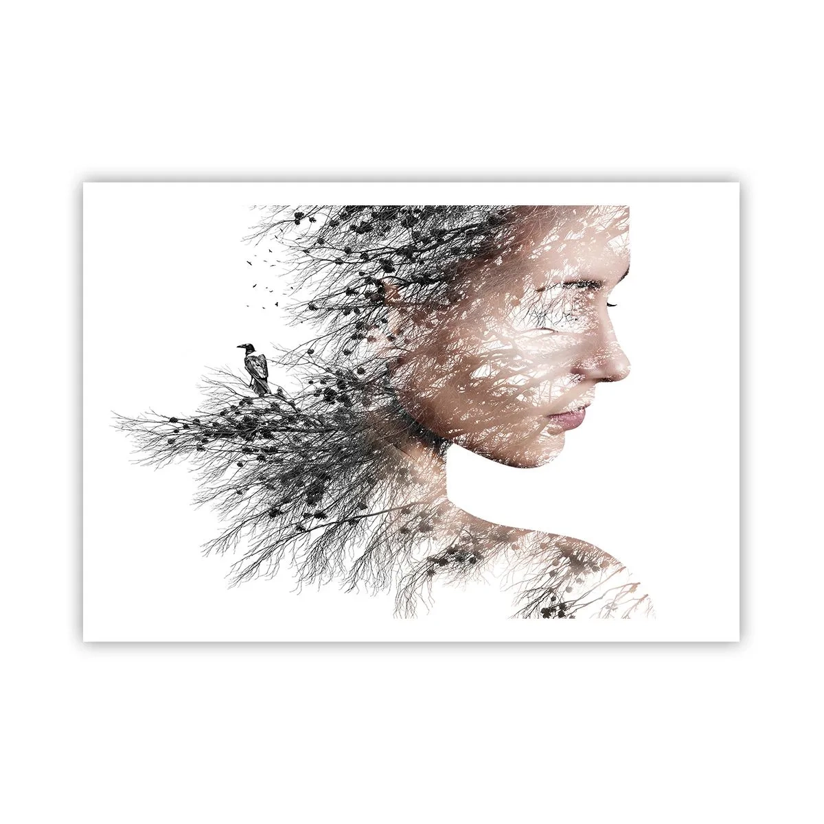 Poster - Silhouette di una donna con un motivo di ramo e uccello sullo sfondo - 100x70cm - Lo spirito della foresta - Decorazione murale moderna per soggiorno e camera da letto ARTTOR