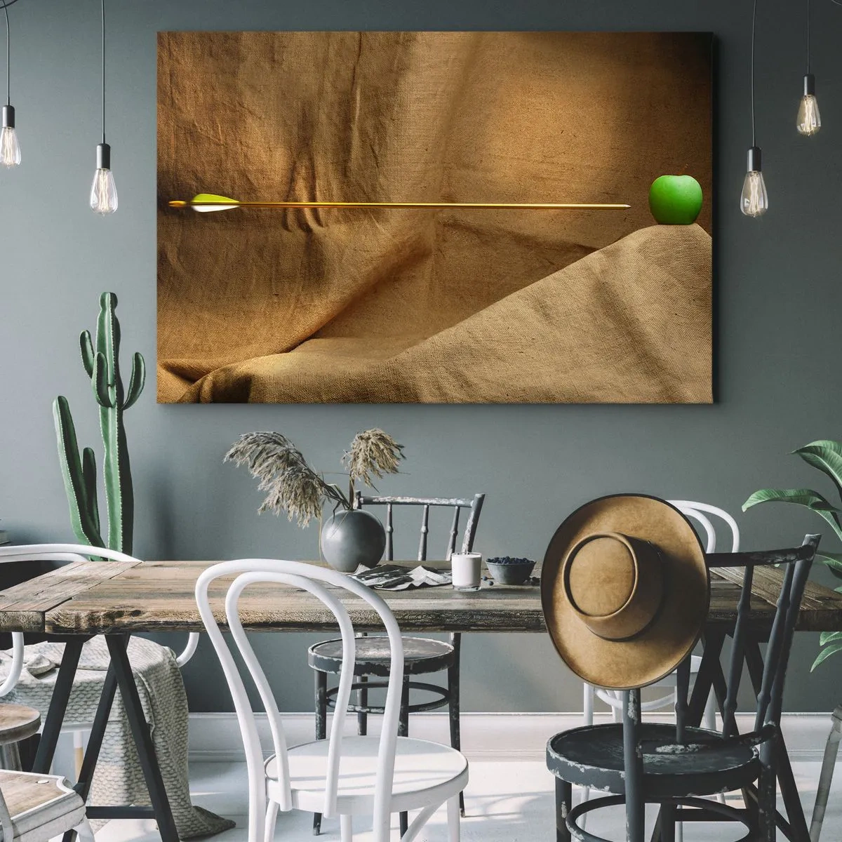 Quadro su tela - Stampe su Tela - Mela verde su tessuto con una freccia che crea una composizione - 70x50cm - Evocare lo spirito di Guglielmo Tell - Decorazione murale moderna per soggiorno e camera da letto ARTTOR
