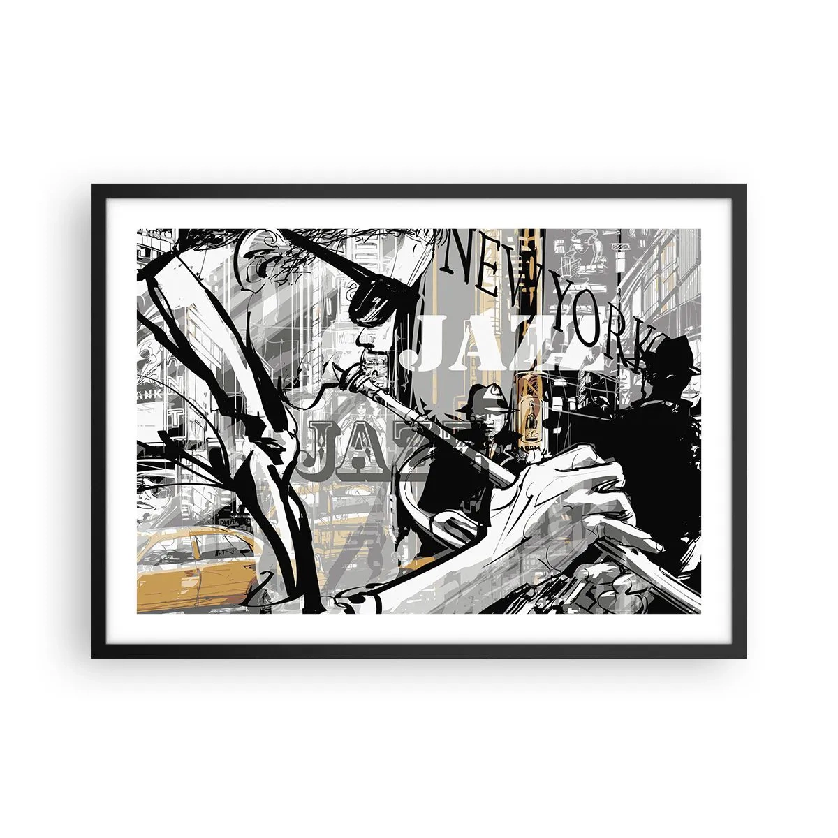 Poster in cornice nera - Scena jazz di New York - 70x50cm - Al ritmo di New York - Decorazione murale moderna per soggiorno e camera da letto ARTTOR