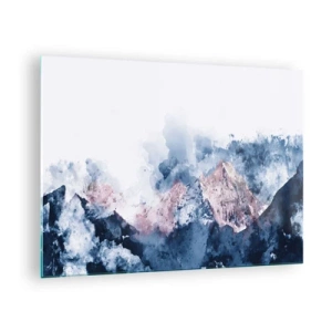Quadro su vetro - Montagne acquerellate in tonalità pastello di blu e rosa - 70x50cm - Queste si che sono cime! - Decorazione murale moderna per soggiorno e camera da letto ARTTOR