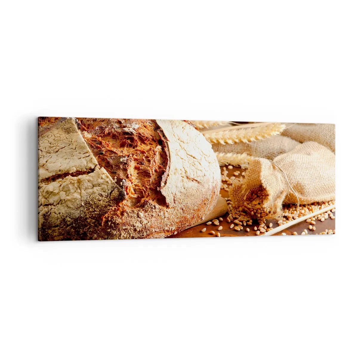 Quadro su tela - Stampe su Tela - Pane croccante con cereali e spighe di grano su fondo in legno - 140x50cm - Appetitoso, profumato, croccante - Decorazione murale moderna per soggiorno e camera da letto ARTTOR