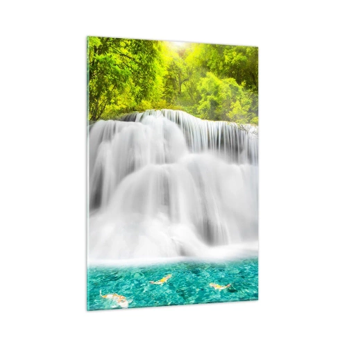 Quadro su vetro - Una cascata immersa nel verde con acqua cristallina - 50x70cm - Cascata spumeggiante dal verde all'azzurro - Decorazione murale moderna per soggiorno e camera da letto ARTTOR