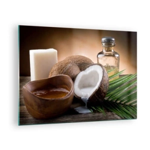 Quadro su vetro - Ingredienti naturali con cocco e olio su uno sfondo di legno - 70x50cm - Salute dalle isole tropicali - Decorazione murale moderna per soggiorno e camera da letto ARTTOR
