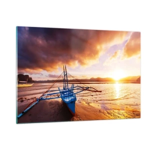 Quadro su vetro - Barca sulla spiaggia al tramonto con un cielo spettacolare - 120x80cm - Riposo sulla sabbia dopo l'intera giornata - Decorazione murale moderna per soggiorno e camera da letto ARTTOR
