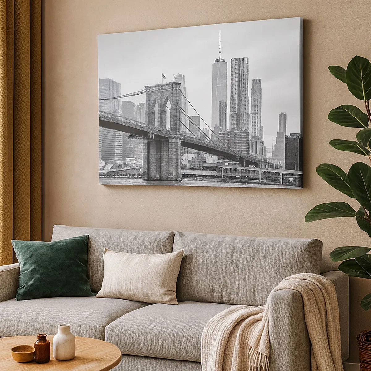 Quadro su tela - Stampe su Tela - Ponte di Brooklyn con i grattacieli di New York sullo sfondo - 70x50cm - Atmosfera di New York - Decorazione murale moderna per soggiorno e camera da letto ARTTOR