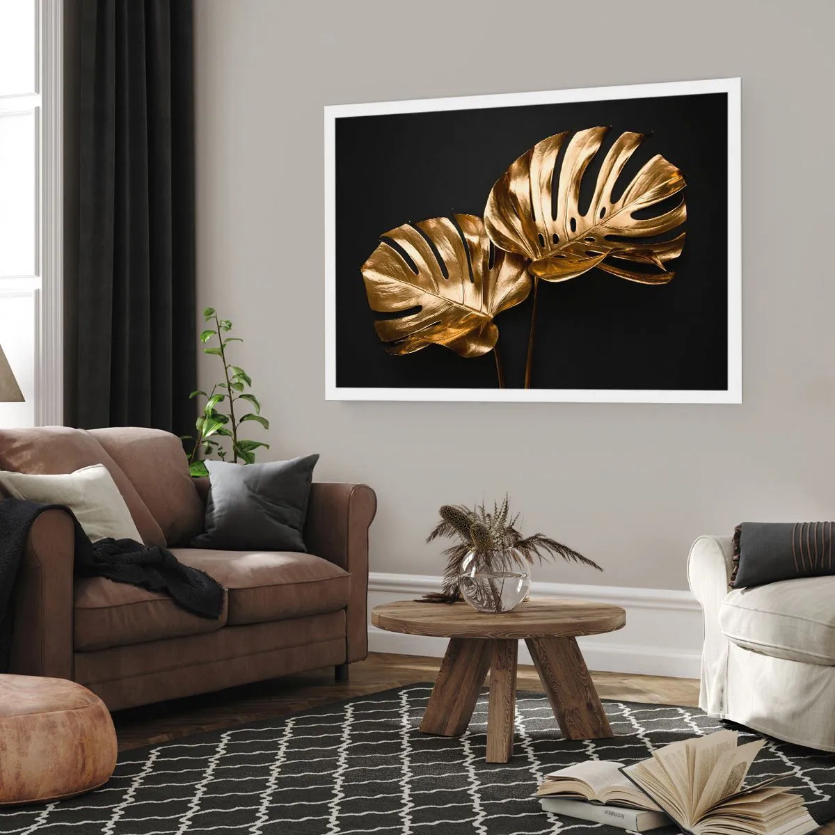 Poster - Foglie di monstera dorate su sfondo nero - 100x70cm - I tesori della natura - Decorazione murale moderna per soggiorno e camera da letto ARTTOR