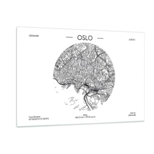 Quadro su vetro - Mappa della città di Oslo in stile grafico in bianco e nero - 120x80cm - Anatomia di Oslo - Decorazione murale moderna per soggiorno e camera da letto ARTTOR