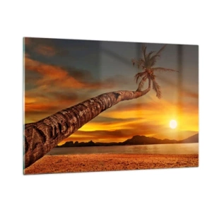 Quadro su vetro - Palma su una spiaggia tropicale al tramonto - 120x80cm - Vacanze esotiche, avventura nei Caraibi - Decorazione murale moderna per soggiorno e camera da letto ARTTOR