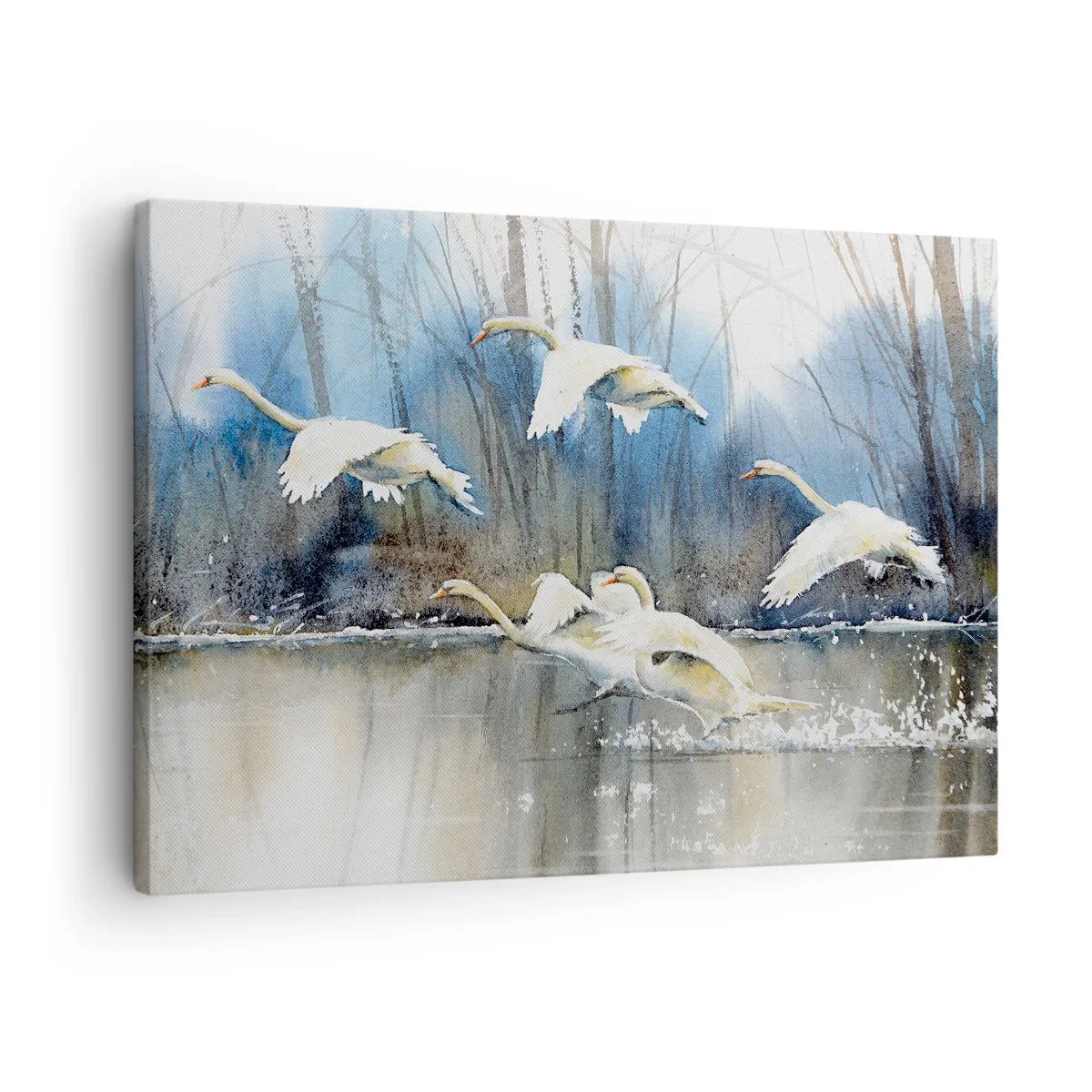 Quadro su tela - Stampe su Tela - Cigni in volo sopra un lago ghiacciato in un paesaggio invernale - 70x50cm - Come la favola dei cigni selvatici - Decorazione murale moderna per soggiorno e camera da letto ARTTOR
