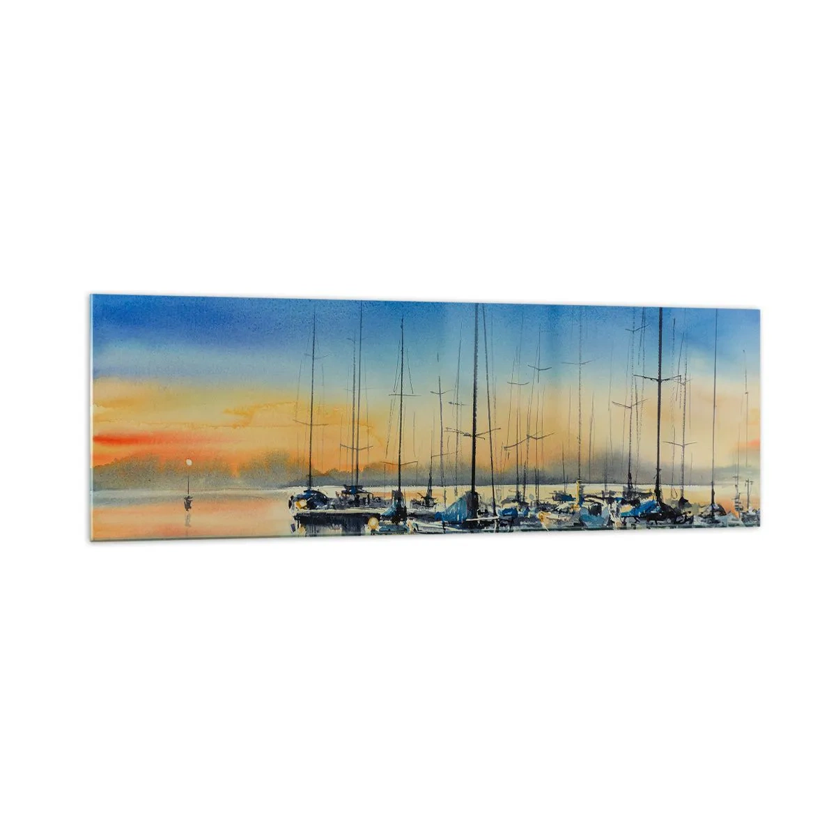 Quadro su vetro - Porto degli yacht al tramonto con riflessi sull'acqua - 160x50cm - La fine di una buona giornata - Decorazione murale moderna per soggiorno e camera da letto ARTTOR