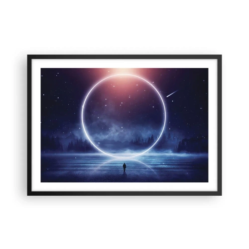 Poster in cornice nera - Un paesaggio magico con una figura e un cerchio di luce di notte - 70x50cm - Sono già qui... - Decorazione murale moderna per soggiorno e camera da letto ARTTOR