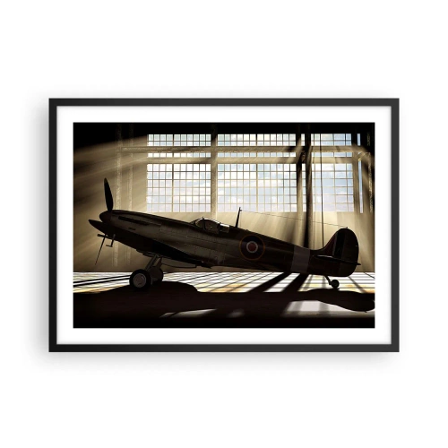 Poster in cornice nera - Un aereo storico in un hangar illuminato dalla luce del sole - 70x50cm - Il riposo del guerriero - Decorazione murale moderna per soggiorno e camera da letto ARTTOR