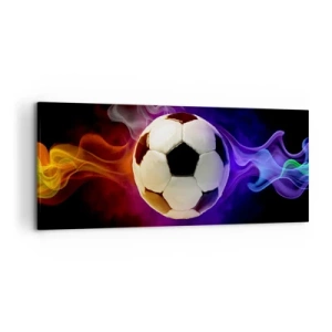 Quadro su tela - Stampe su Tela - Un pallone da calcio circondato da effetti di fumo colorati su uno sfondo scuro. - 120x50cm - La forza magica del gioco - Decorazione murale moderna per soggiorno e camera da letto ARTTOR