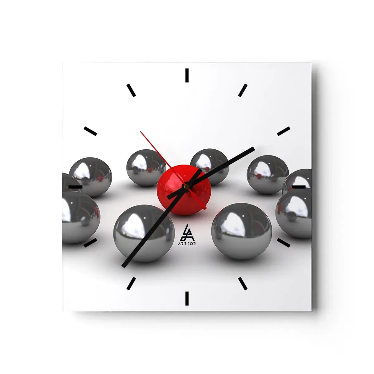 Orologio da parete - Orologio in Vetro - Una palla rossa circondata da palline argentate su uno sfondo bianco - 30x30cm - Cerchio in argento e rosso - Decorazione murale moderna per soggiorno e camera da letto ARTTOR