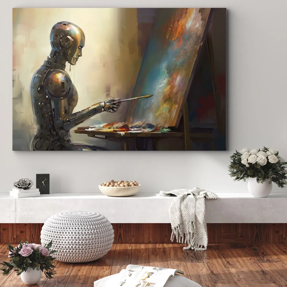 Quadro su tela - Stampe su Tela - Un robot che dipinge su una tela in stile artistico - 120x80cm - L'arte del futuro - Decorazione murale moderna per soggiorno e camera da letto ARTTOR