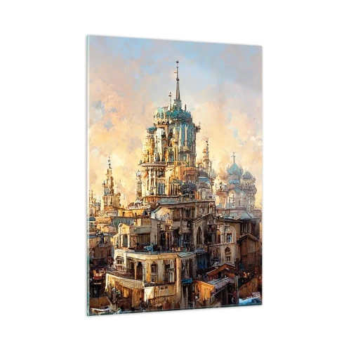 Quadro su vetro - Un fantastico panorama della città con torri e palazzi - 50x70cm - La città delle città - Decorazione murale moderna per soggiorno e camera da letto ARTTOR