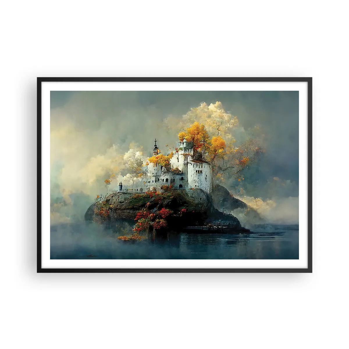 Poster in cornice nera - Un castello su una collina circondato da alberi autunnali - 100x70cm - Inizio di una storia romantica - Decorazione murale moderna per soggiorno e camera da letto ARTTOR