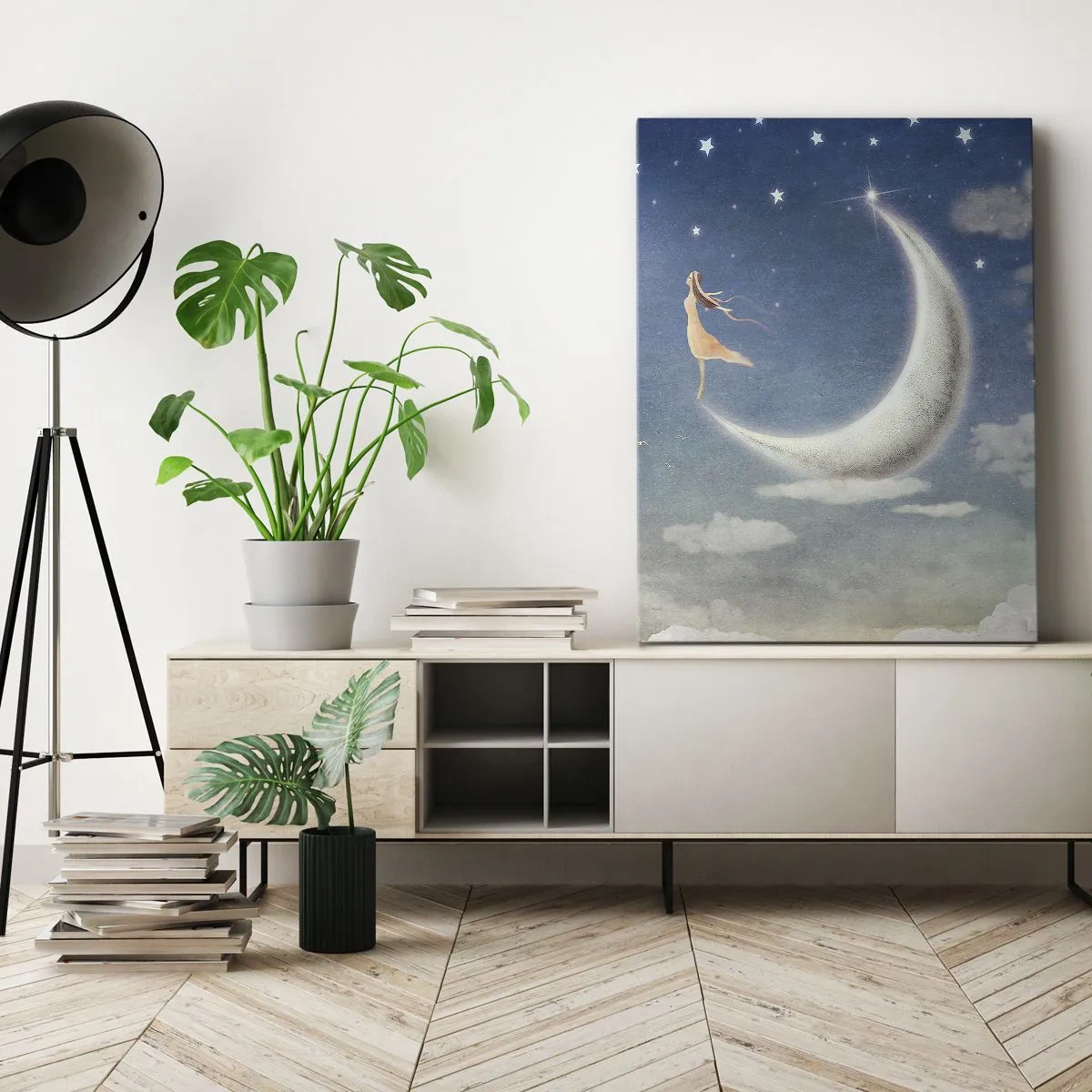 Quadro su tela - Stampe su Tela - Una donna sulla luna circondata da stelle e nuvole - 50x70cm - Seduttrice celeste - Decorazione murale moderna per soggiorno e camera da letto ARTTOR