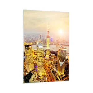 Quadro su vetro - Panorama della città al tramonto con grattacieli - 50x70cm - Sogno asiatico - Decorazione murale moderna per soggiorno e camera da letto ARTTOR