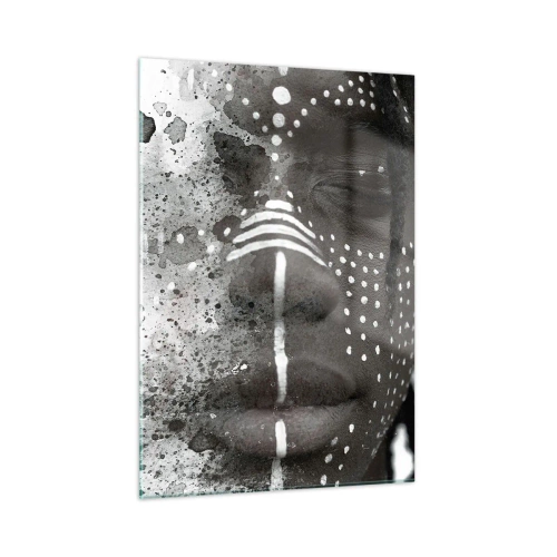 Quadro su vetro - Ritratto con motivi etnici in bianco e nero con effetto acquerello - 50x70cm - Scopri lo spirito primordiale - Decorazione murale moderna per soggiorno e camera da letto ARTTOR