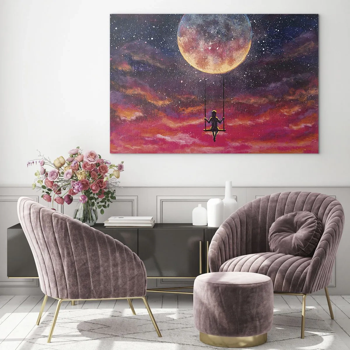 Quadro su vetro - Una ragazza su un'altalena sospesa sotto la luna - 120x80cm - Con la testa tra le nuvole - Decorazione murale moderna per soggiorno e camera da letto ARTTOR