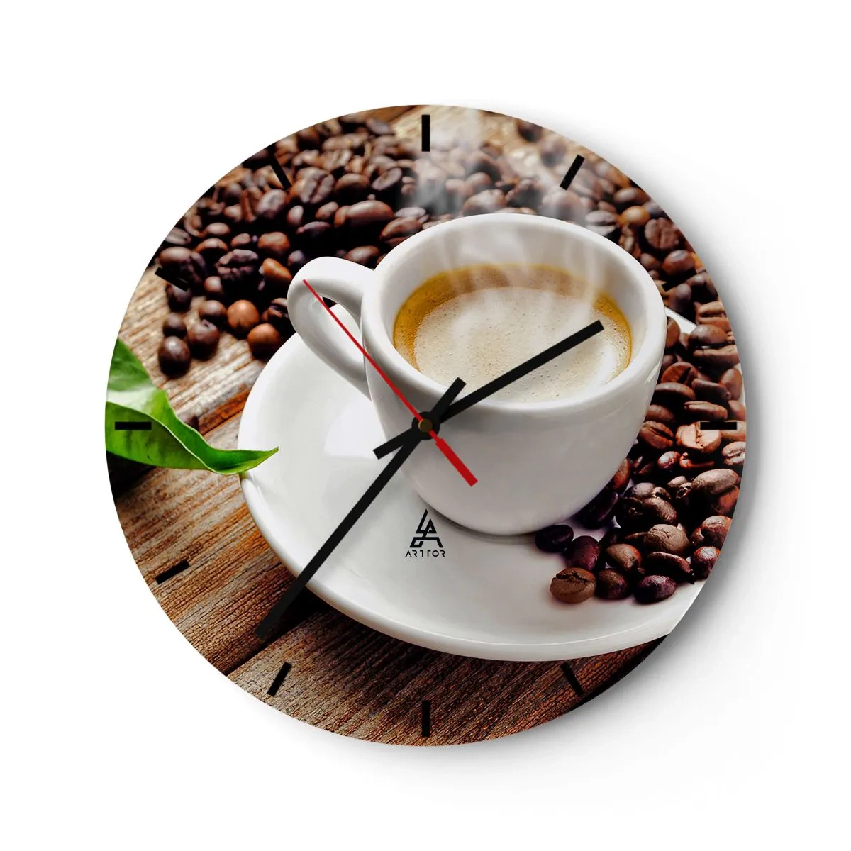 Orologio da parete - Orologio in Vetro - Una tazza di caffè con chicchi su uno sfondo di legno - 30x30cm - Il caffè è pronto - Decorazione murale moderna per soggiorno, cucina e camera da letto ARTTOR