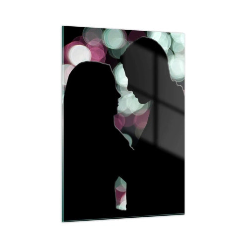 Quadro su vetro - Silhouette di una coppia su uno sfondo di luci bokeh colorate - 50x70cm - Si! - Decorazione murale moderna per soggiorno e camera da letto ARTTOR