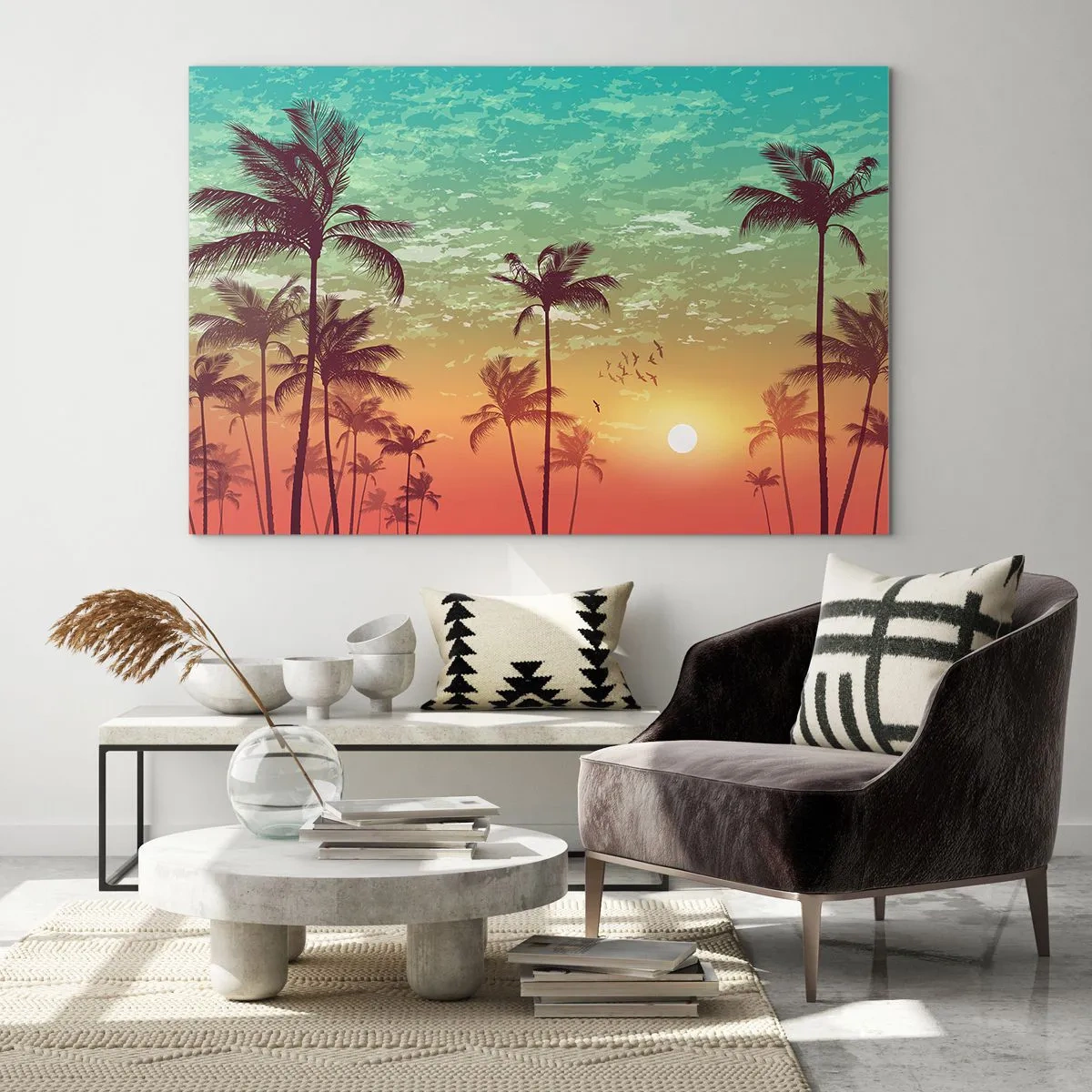 Quadro su vetro - Illustrazione di palme al tramonto - 120x80cm - Climi tropicali - Decorazione murale moderna per soggiorno e camera da letto ARTTOR