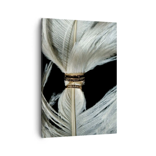 Quadro su tela - Stampe su Tela - Una piuma bianca con due anelli d'oro su uno sfondo nero - 50x70cm - ...e non ti lascerò... - Decorazione murale moderna per soggiorno e camera da letto ARTTOR