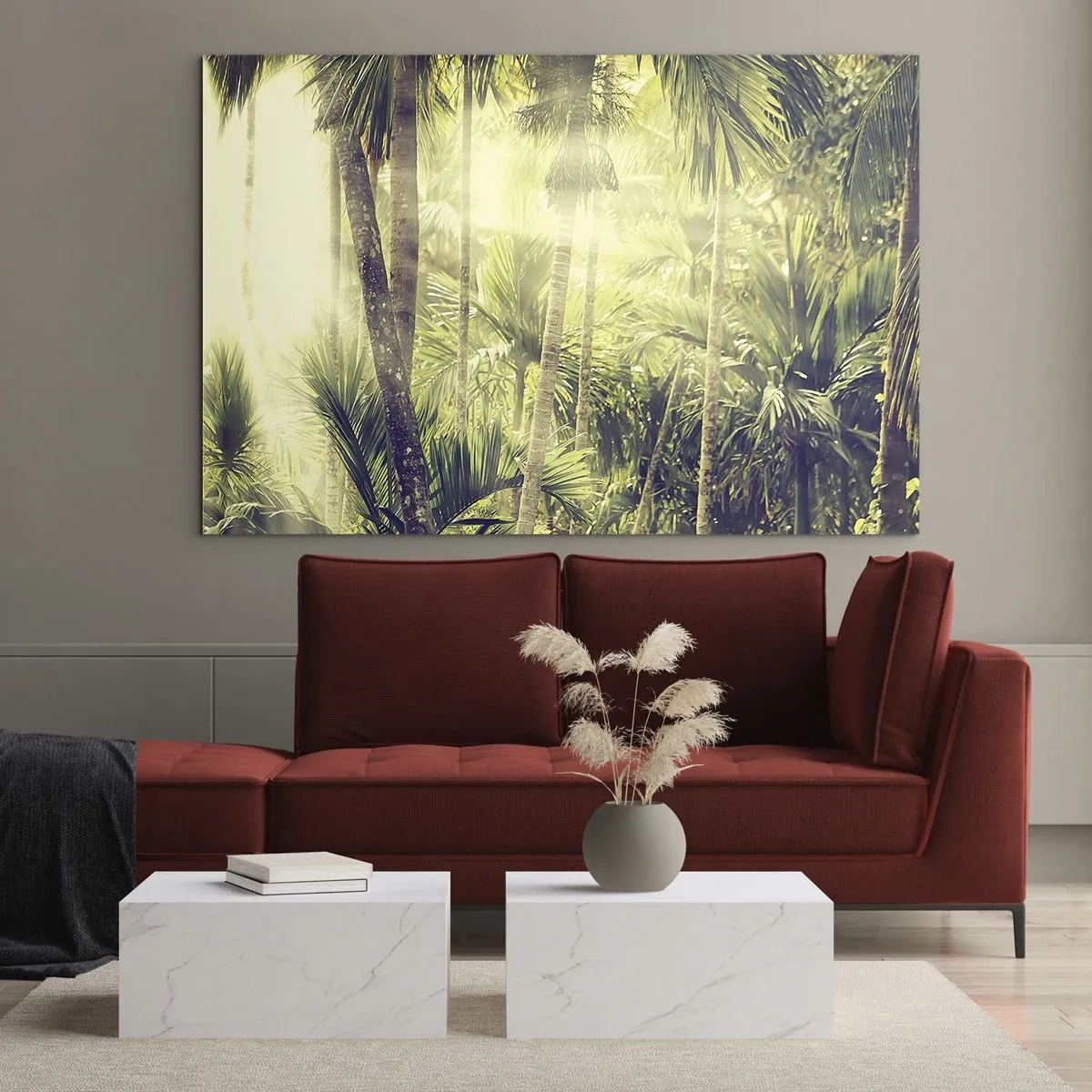 Quadro su vetro - Giungla tropicale verde al sole - 70x50cm - Nell'afa verde - Decorazione murale moderna per soggiorno e camera da letto ARTTOR