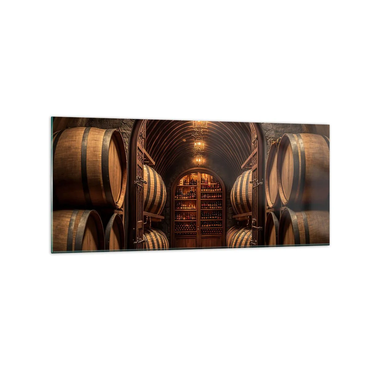 Quadro su vetro - Cantina con botti di legno e scaffali per il vino - 120x50cm - L'atmosfera della cantina - Decorazione murale moderna per soggiorno e camera da letto ARTTOR