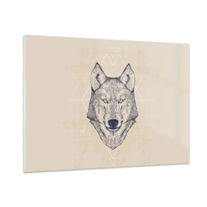 Quadro su vetro - Testa di lupo su uno sfondo di motivi geometrici - 100x70cm - Alfa dallo sguardo penetrante - Decorazione murale moderna per soggiorno e camera da letto ARTTOR