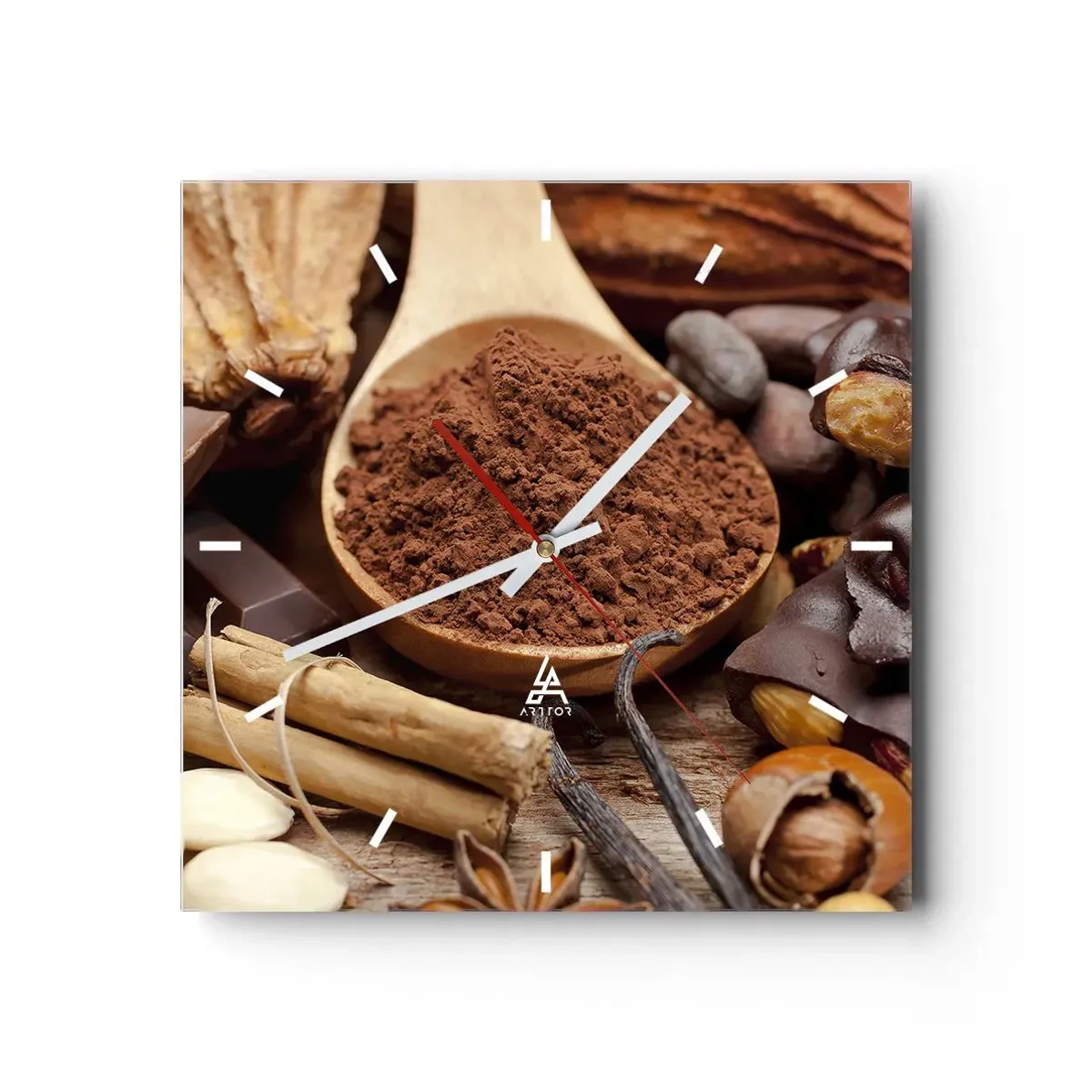 Orologio da parete - Orologio in Vetro - Un cucchiaio di cacao e ingredienti al cioccolato in una disposizione rustica - 30x30cm - Ideale per i momenti di tristezza - Decorazione murale moderna per soggiorno e camera da letto ARTTOR
