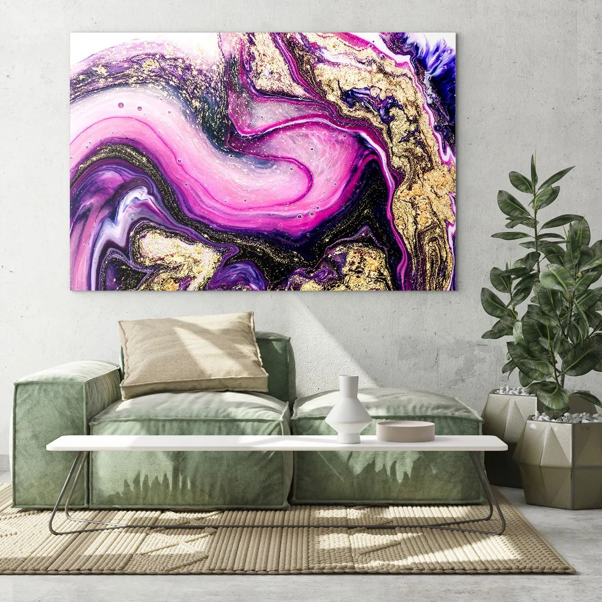 Quadro su vetro - Una composizione astratta nei toni del viola e dell'oro. - 70x50cm - Un attimo dietro le quinte - Decorazione murale moderna per soggiorno e camera da letto ARTTOR
