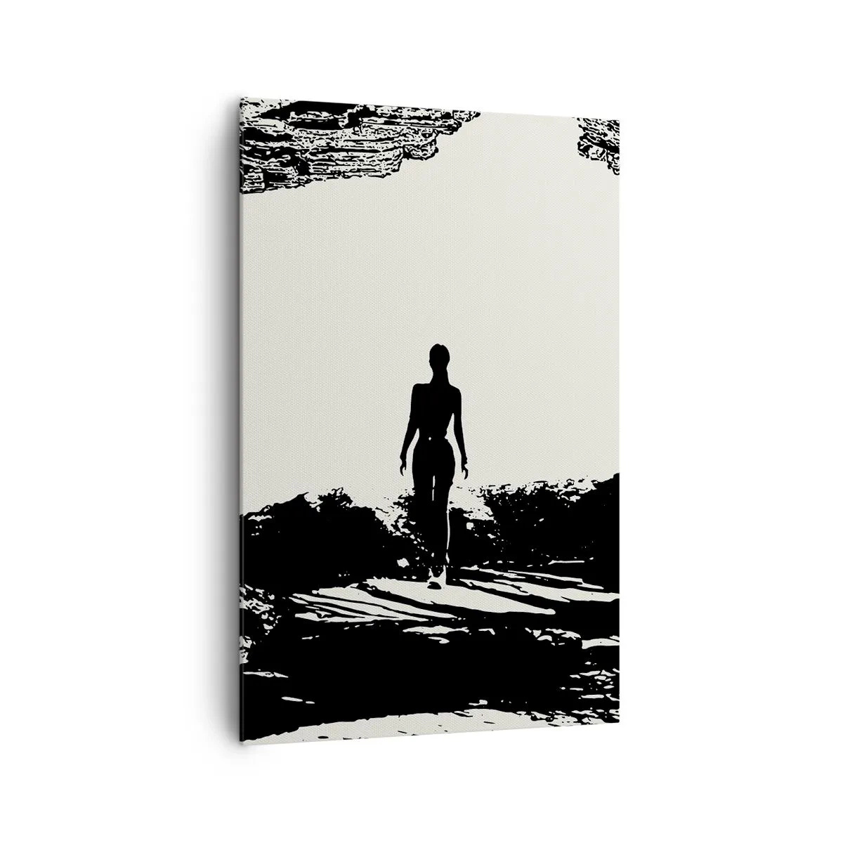 Quadro su tela - Stampe su Tela - Silhouette in bianco e nero di una donna in una grotta contro il cielo - 80x120cm - Un nuovo sguardo - Decorazione murale moderna per soggiorno e camera da letto ARTTOR