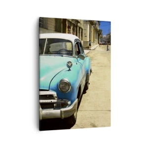 Quadro su tela - Stampe su Tela - Un'auto d'epoca blu sulla strada in una giornata di sole - 50x70cm - Evviva Cuba! - Decorazione murale moderna per soggiorno e camera da letto ARTTOR