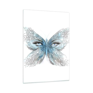 Quadro su vetro - Una farfalla con ali blu e occhi umani in stile artistico. - 50x70cm - Argo azzurro - Decorazione murale moderna per soggiorno e camera da letto ARTTOR