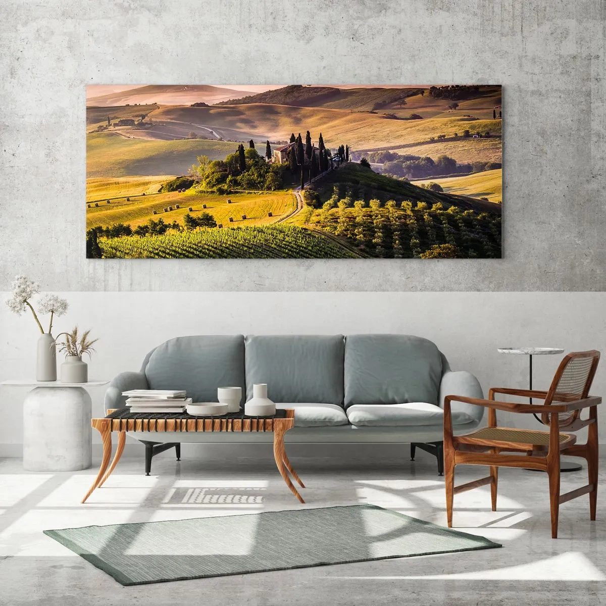Quadro su vetro - Paesaggio toscano con vigneti e una casa su una collina - 140x50cm - Arcadia: paesaggio toscano - Decorazione murale moderna per soggiorno e camera da letto ARTTOR