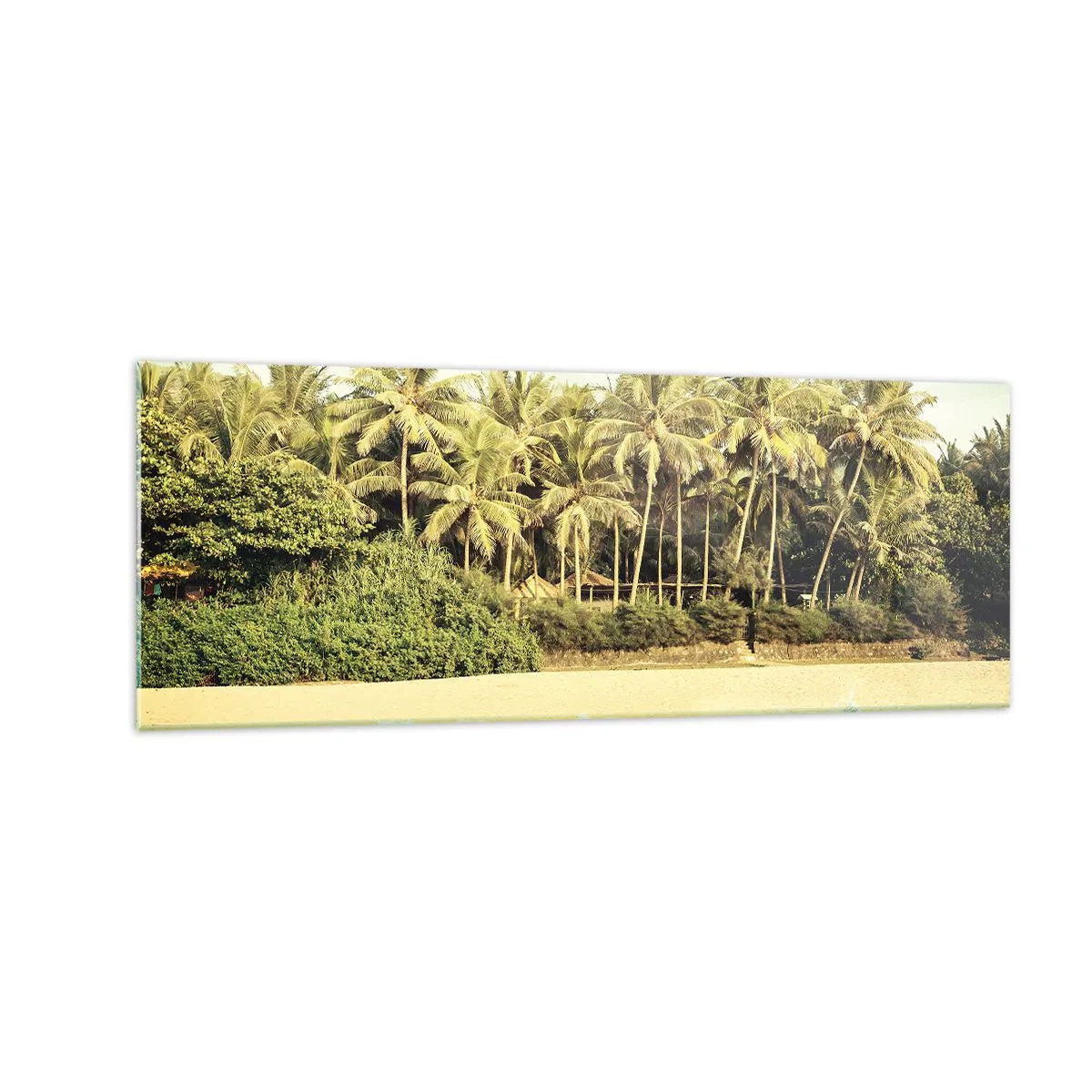 Quadro su vetro - Spiaggia tropicale con palme e mare turchese - 140x50cm - Forse qui? - Decorazione murale moderna per soggiorno e camera da letto ARTTOR
