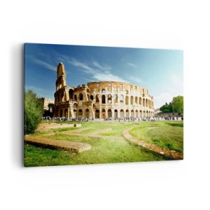 Quadro su tela - Stampe su Tela - Il Colosseo a Roma circondato dal verde e dal cielo azzurro - 120x80cm - Si sente ancora il rumore delle armi - Decorazione murale moderna per soggiorno e camera da letto ARTTOR