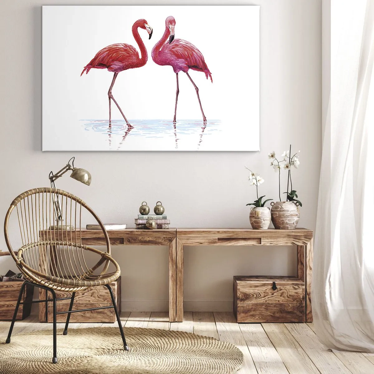 Quadro su tela - Stampe su Tela - Una coppia di fenicotteri nell'acqua su uno sfondo chiaro - 70x50cm - Appuntamento in rosa - Decorazione murale moderna per soggiorno e camera da letto ARTTOR