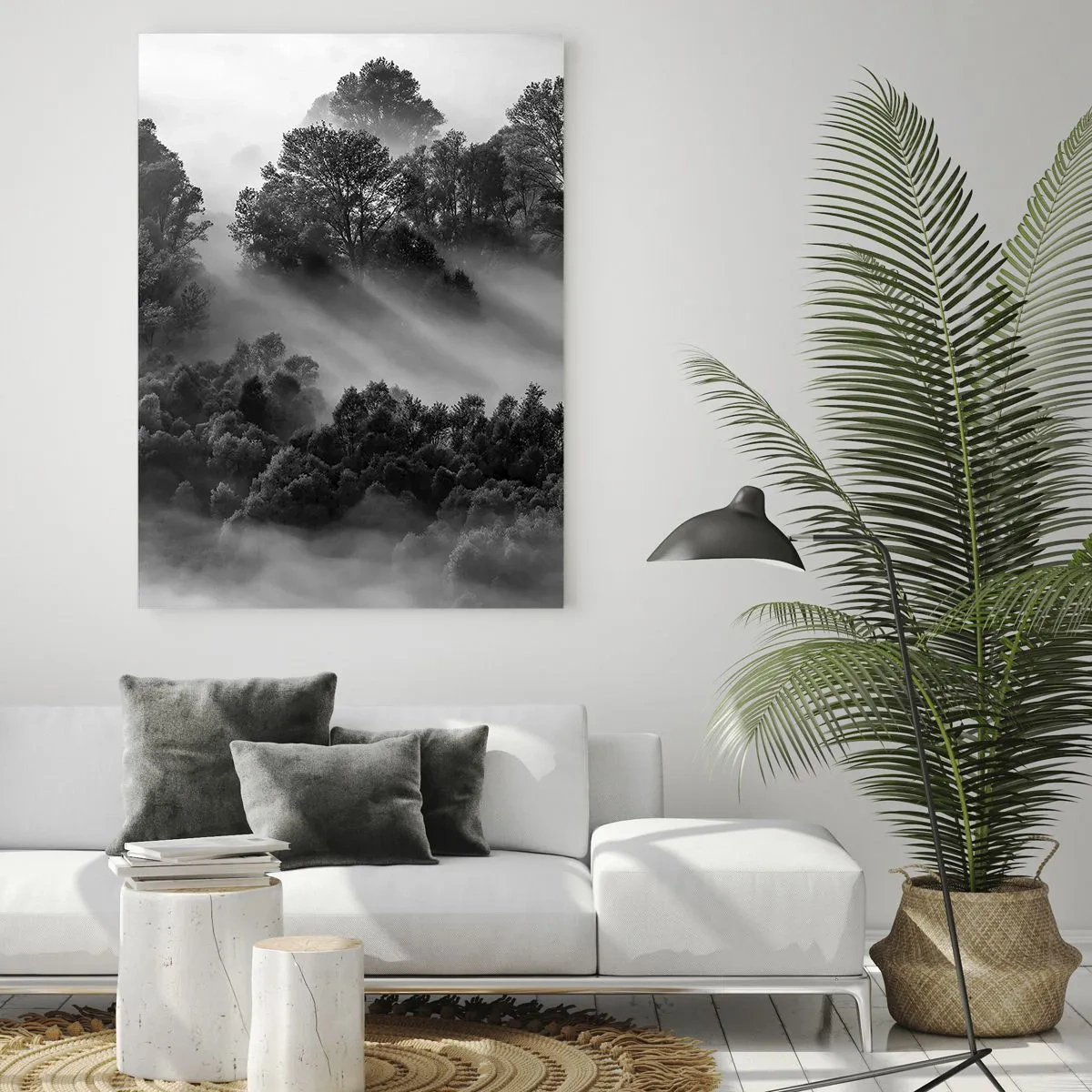 Quadro su vetro - Paesaggio forestale in bianco e nero nella nebbia mattutina - 70x100cm - Risveglio dal sonno - Decorazione murale moderna per soggiorno e camera da letto ARTTOR
